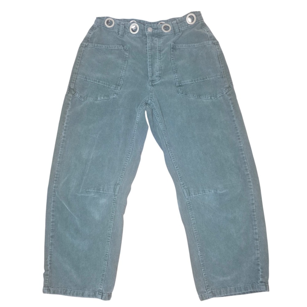 LovLov Womens S Green Corduroy Barrel Leg Pants Grommet Waist Button Fly